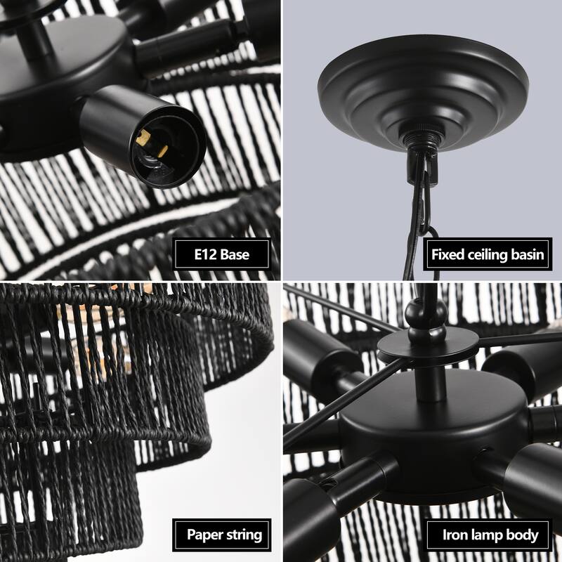 20" Rustic 4-Tier Black Hemp Rope Pendant Light Chandelier with 6 E12 Sockets, Boho Ceiling Light Fixture (Bulb Not Included)
