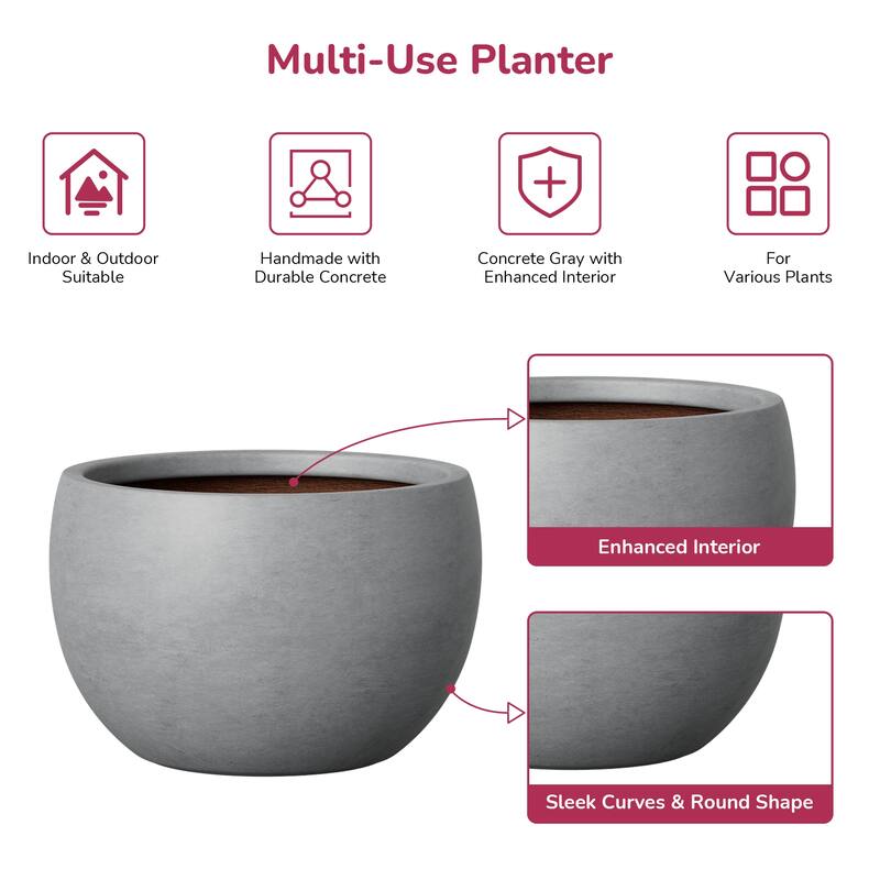 Concrete Round Bowl Planter with Drainage Hole(Upgraded Interior)