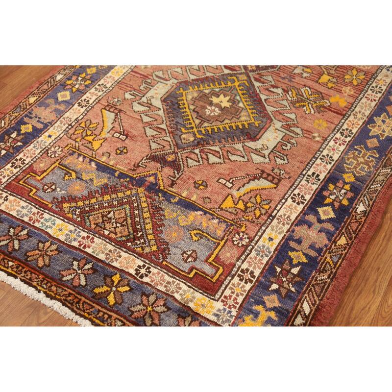 Hand Knotted Oriental 100% Wool Carpet Traditional Geometric Oranges & Rust Heriz Runner Rug - 12' 11'' X 3' 9''