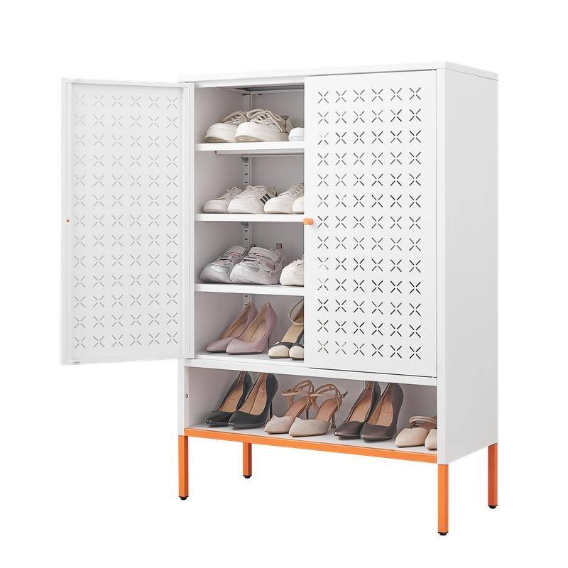 Grid Double Door Shoe Cabinet with Adjustable Shelves and Moisture-Proof Base