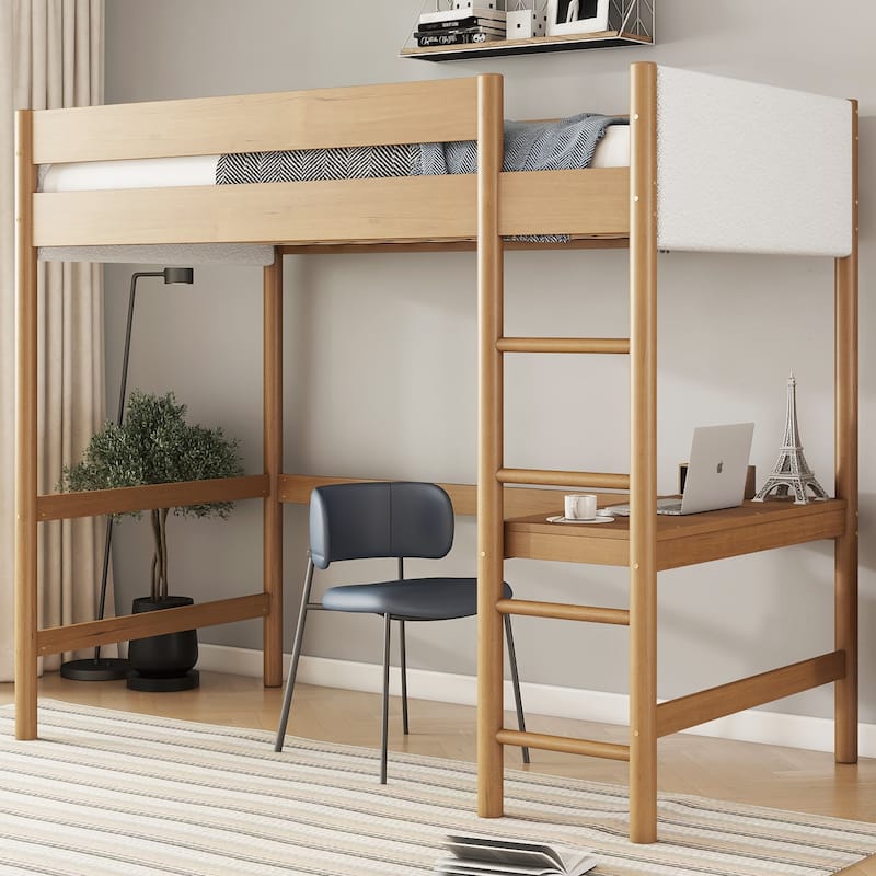 Loft Bed with Desk, Upholstered Loft Bed Frame with Ladder