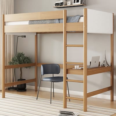 Rubber Wood Twin Size Loft Bed Frame,Upholstered Loft Bed with Desk