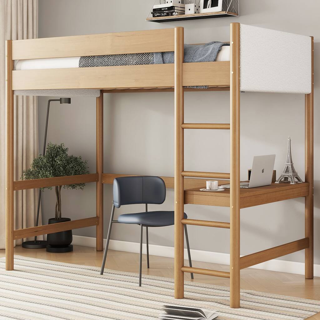 Rubber Wood Twin Size Loft Bed Frame,Upholstered Loft Bed with Desk