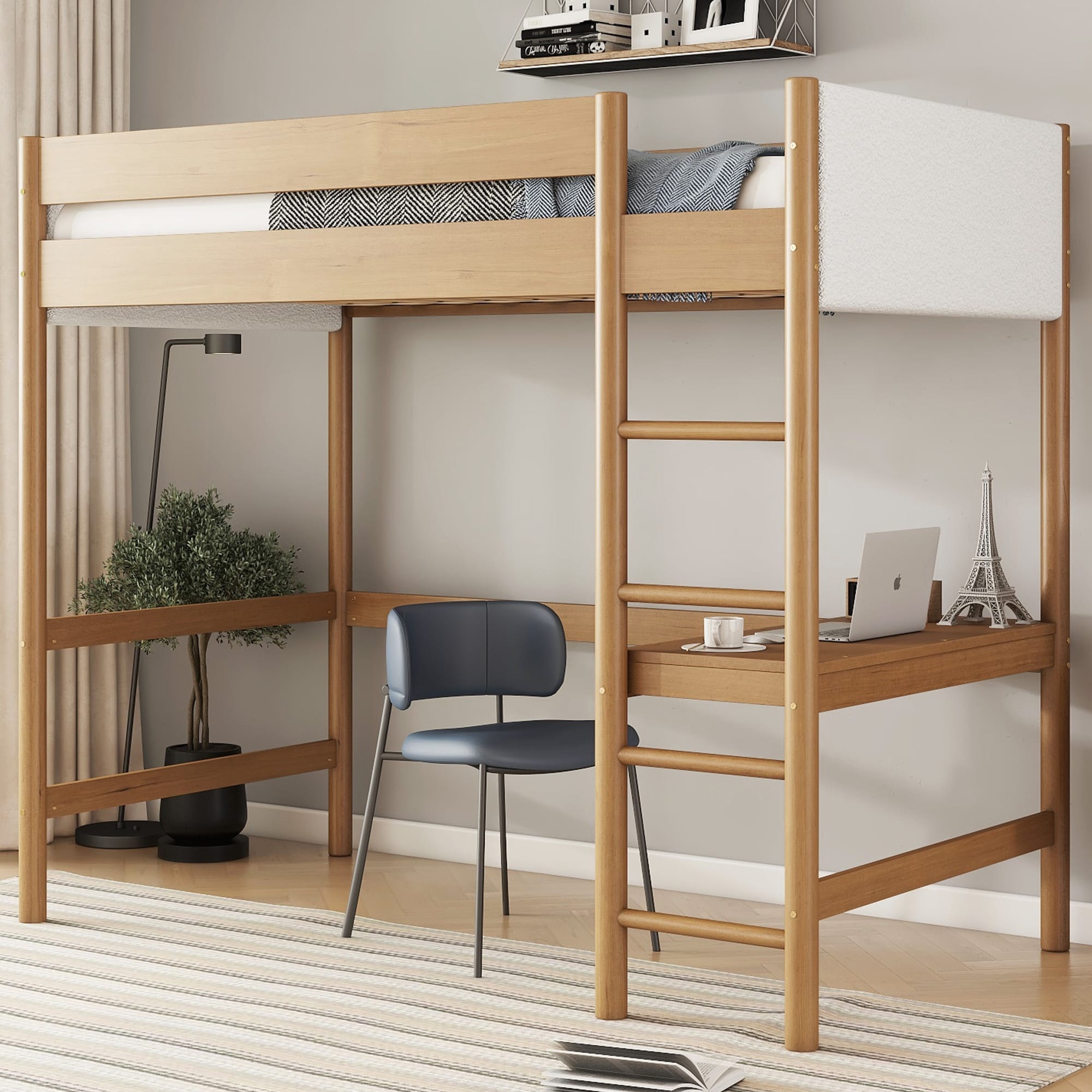 Twin Size Rubber Wood Loft Bed with Desk, Upholstered Headboard and Safety Guardrails