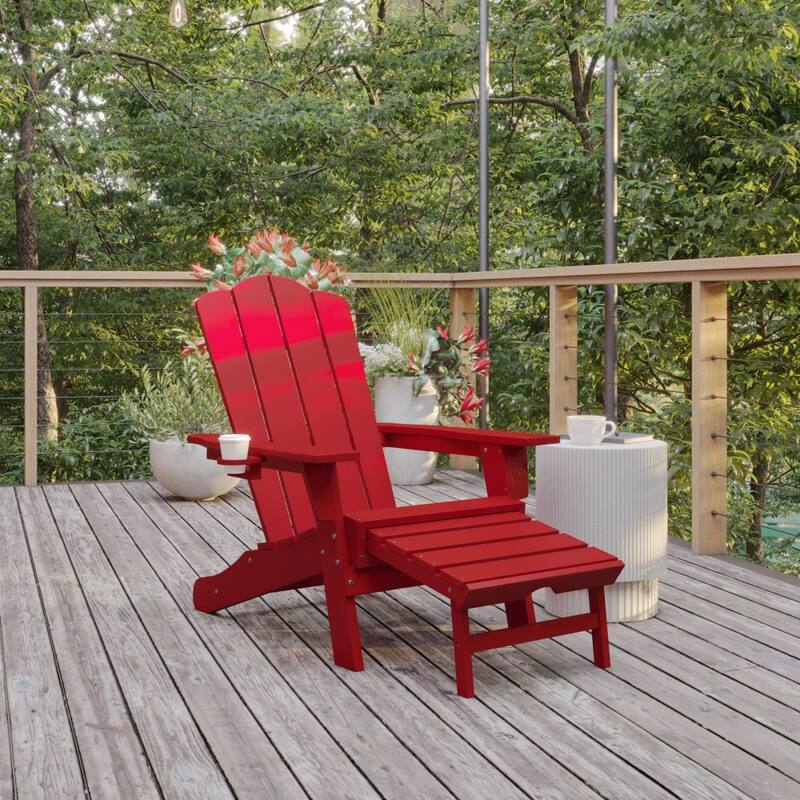 Commercial All-Weather Adirondack Chair with Pullout Ottoman & Cupholder - Red