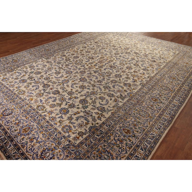 Ivory Floral Kashan Persian Vintage Area Rug Handmade Wool Carpet - 9'10"x 13'2"