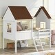 preview thumbnail 2 of 9, Twin Size Low Loft Bed with with Two Side Windows, House-shaped Bed with Ladder, Pine Wooden Bed with Guardrail, White+Brown
