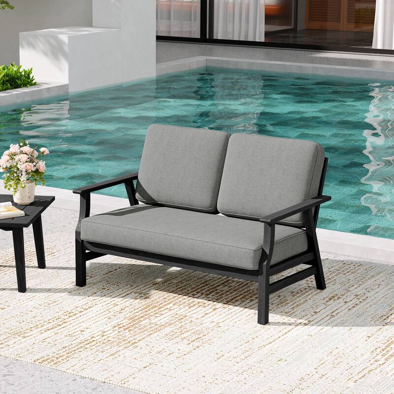 Teak Frame Outdoor Loveseat Daybed with Water-Resistant Cushions.