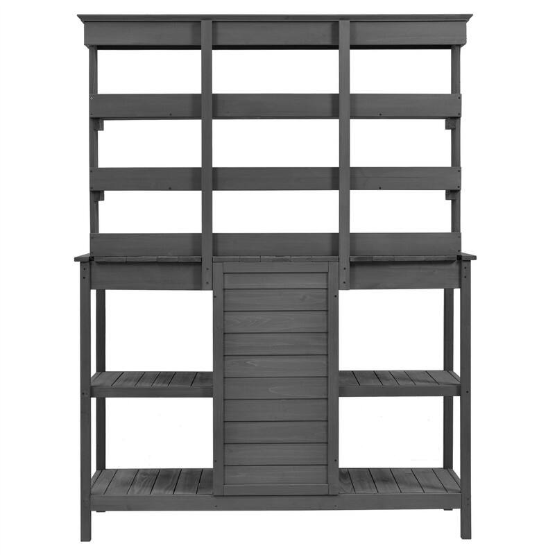 Large Outdoor Farmhouse Wooden Potting Bench Table, Garden Workstation with 2 Drawers, Cabinet and Open Shelves for Backyard