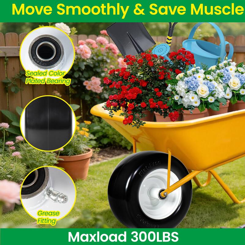 Set of 2 Smooth Tire and Wheel, 11x6-5 Solid Rubbe Riding Lawn Mower Tire, 3/4" Bearing, 5.8" Centered Hub, for Zero Turn Mowers