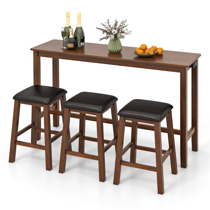 Gymax 4-Piece Bar Table Set w/ Power Outlet Counter-Height Table & 3 - Brown - Wood