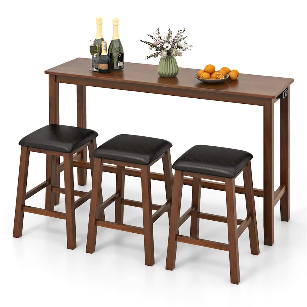 Gymax 4-Piece Bar Table Set w/ Power Outlet Counter-Height Table & 3