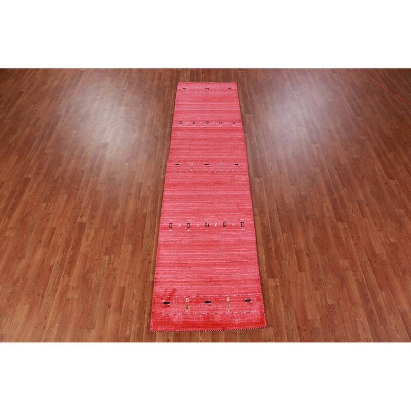 Hand Knotted Oriental 100% Wool Carpet Tribal Animal Pictorial Red Gabbeh Runner Rug - 10' 0'' X 2' 7''