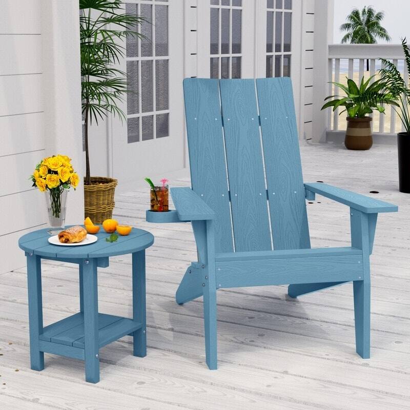WINSOON 2-Piece All Weather HIPS Outdoor Adirondack Cup Holder Chair and Table set - Baby Blue