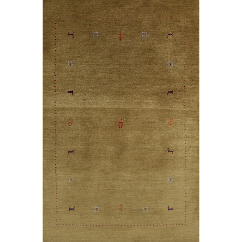Olive Green Tribal Gabbeh Indian Rug Handmade Wool Carpet - 3'11" x 5'11"
