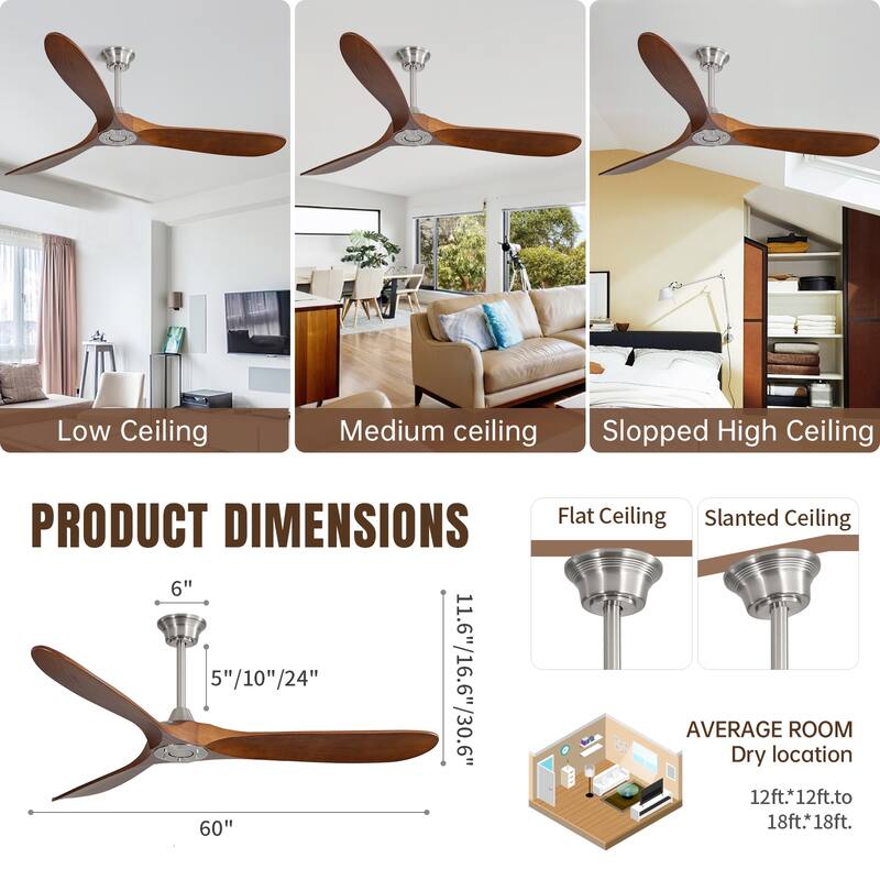 Sofucor 60 Inch Ceiling Fan No Light With Remote Control 3 Fan Blades Reversible DC Motor Timer Farmhouse