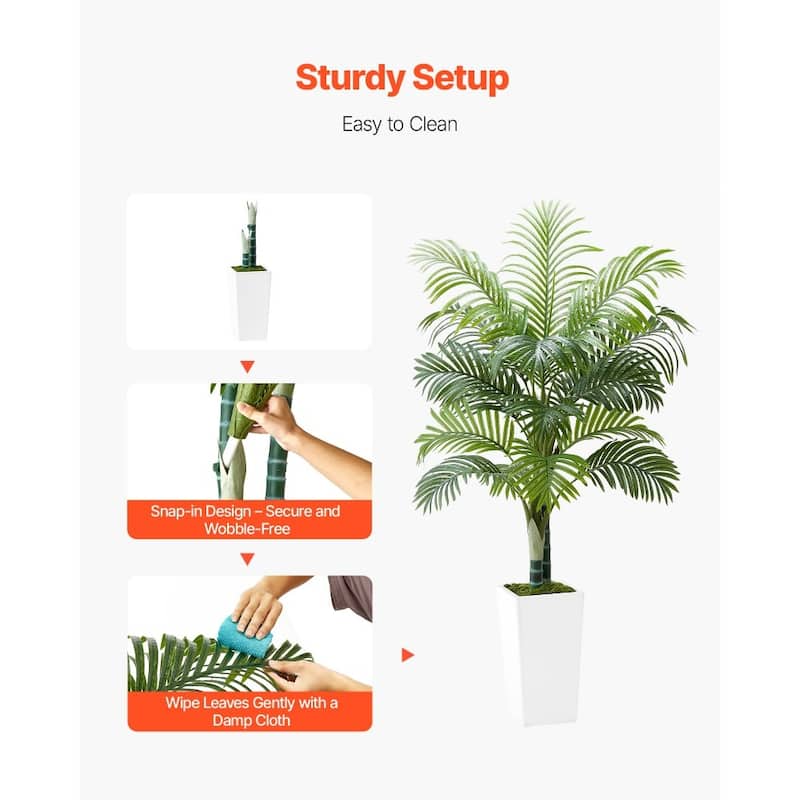 Thick-Trunk Areca Palm Artificial Tree with Green Leaves in White Planter for Home or Office Decor