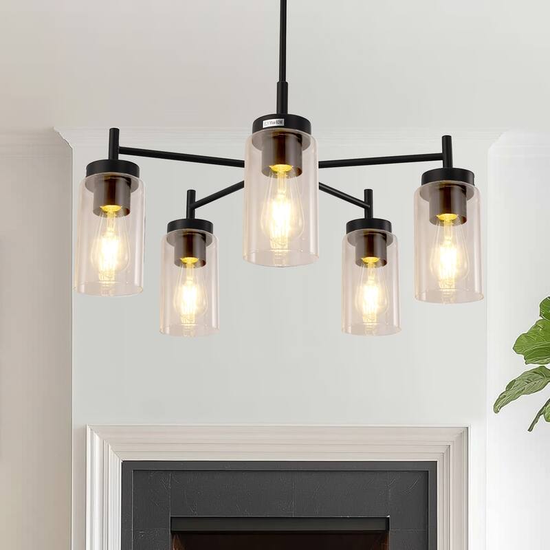YANSUN 5-Light Matte Black Candle Chandelier with Blue Glass Shades and E26 Base for Sophisticated Spaces - 25*25*9.6