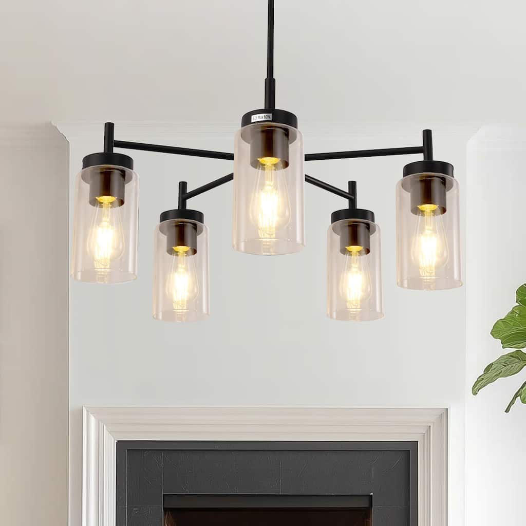 YANSUN 5-Light Matte Black Chandelier with Candle-Style Blue Glass Shades and Round Rod, E26 Base - 25*25*9.6