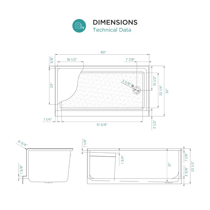 Fine Fixtures Single Threshold Acrylic Non-Slip Shower Base With Seat - 60 x 32
