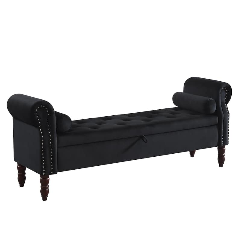 HOMYKA 66.9" Tufted Storage Bench with Rolled Arms Ottoman Long Bench - Velvet - Black