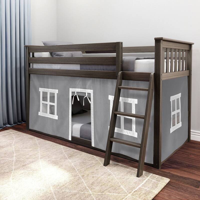 Max and Lily Twin over Twin Low Bunk with Curtains - Clay with Grey/White Curtain