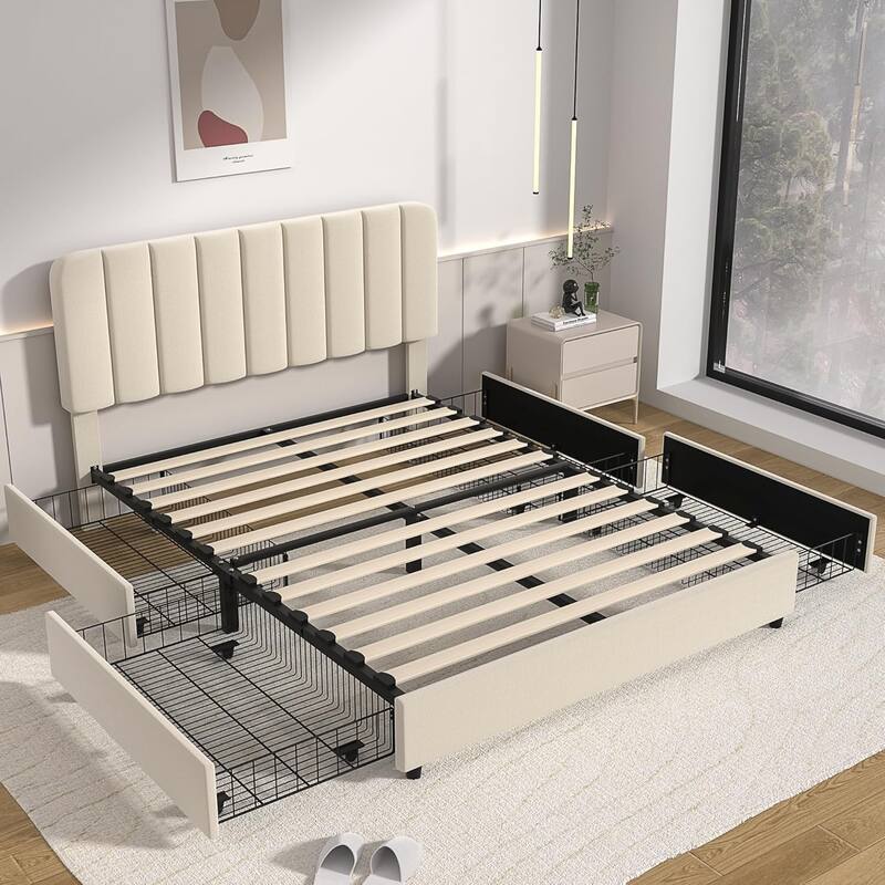 VECELO Bed Frame with 4 Storage Drawers Upholstered Platform Bedframe with Adjustable Headboard
