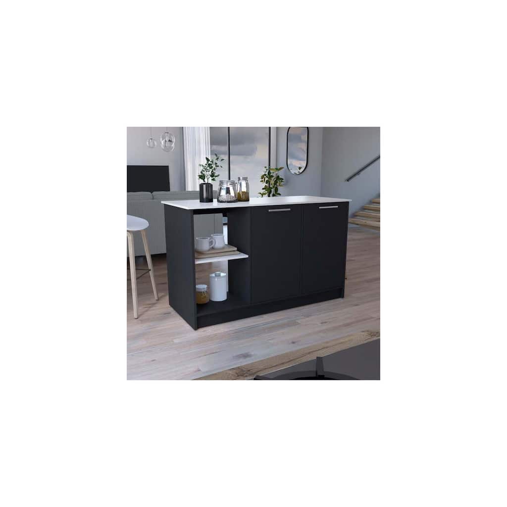 Modern Kitchen Island with Wide Top Surface, Double Door Cabinet, Metal Hardware, and Open Shelves for Storage