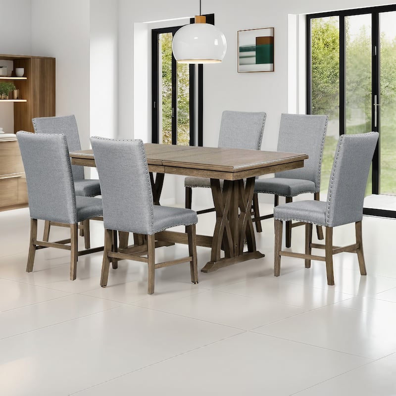Roomfitters 7-Piece Extendable Dining Table Set, Mid-Century Solid Wood Kitchen Set with 12" Leaf and 6 Chairs, Gray