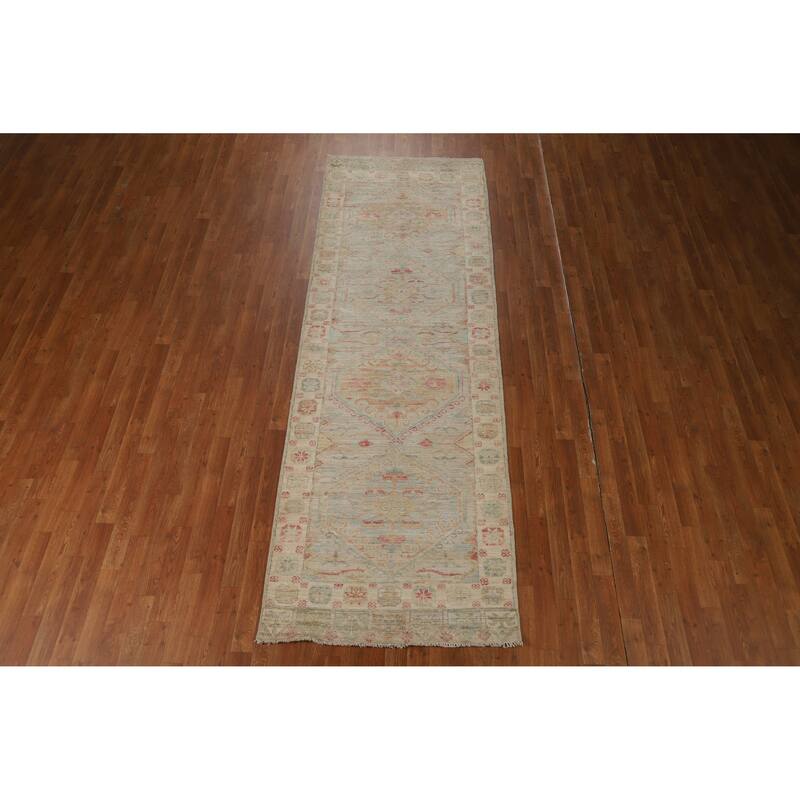 Hand Knotted Oriental 100% Wool Carpet Transitional Geometric Beige & Ivories Oushak Runner Rug - 10' 2'' X 3' 5''