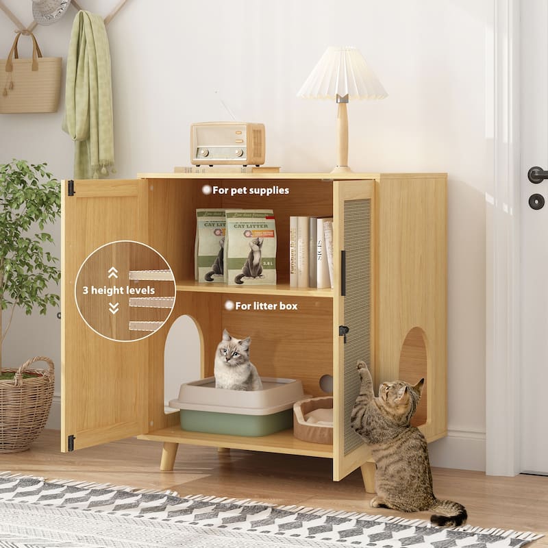 Cat Litter Box Enclosure Cat House Side Table Door Cabinet Bookcase - 31.5"Wx35.4"H - Oak