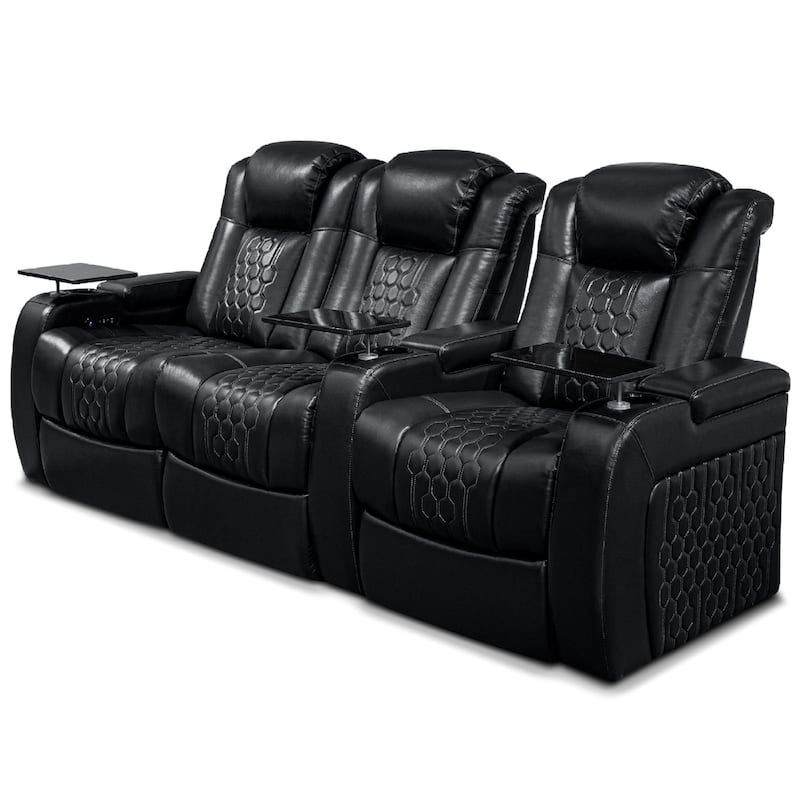 Roomfitters 93.3" Power Recliner 3-Piece Set, Top-Grain Nappa Leather, 15-Color RGB LED & USB-C Charging, Black