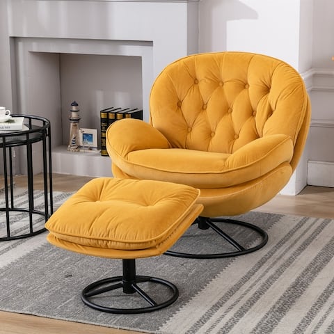 Mid-Century Modern Velvet Accent TV Swivel Tufted Back Chair with Ottoman and Black Metal Legs for Living Room or Bed room