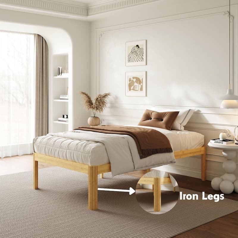 18-inch bamboo and metal platform bed frame, sturdy and durable, easy to assemble