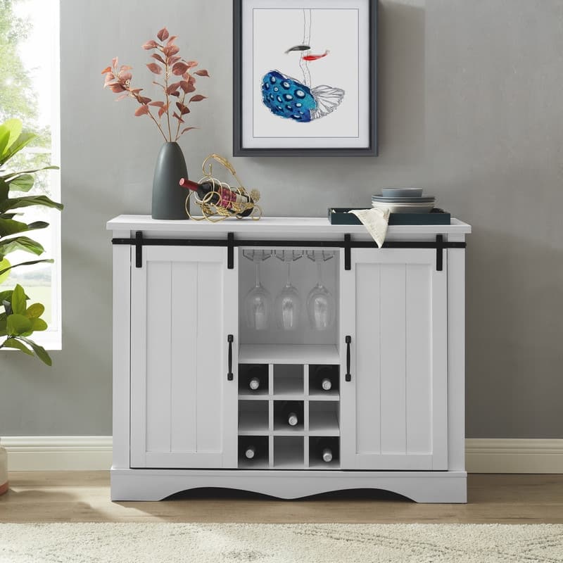 Rustic 47-inch Bar Cabinet with Sliding Barn Door - White