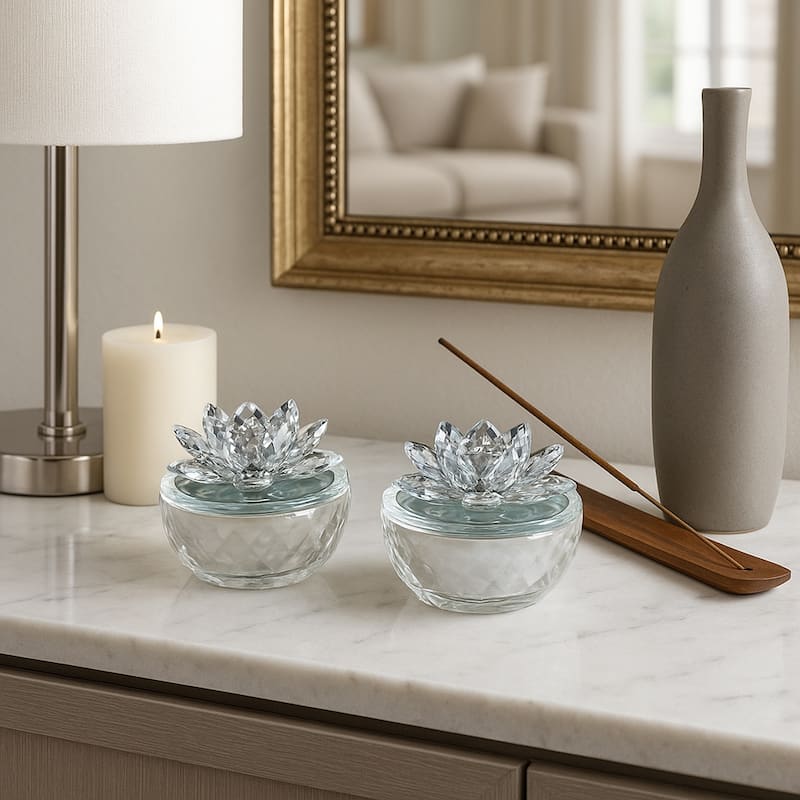 Decorative Round Glass Box with Lotus Top - Set of 2, 4" - 4.01" - Silver