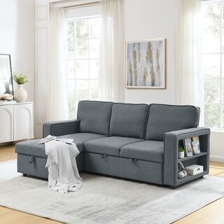 L Shaped Convertible Sectional Sofa with Pull Out Sleeper,2 Cup Holders ...