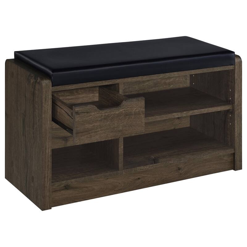 Aryn Storage Bench, Adjustable Shelf, Black Faux Leather, Dark Brown