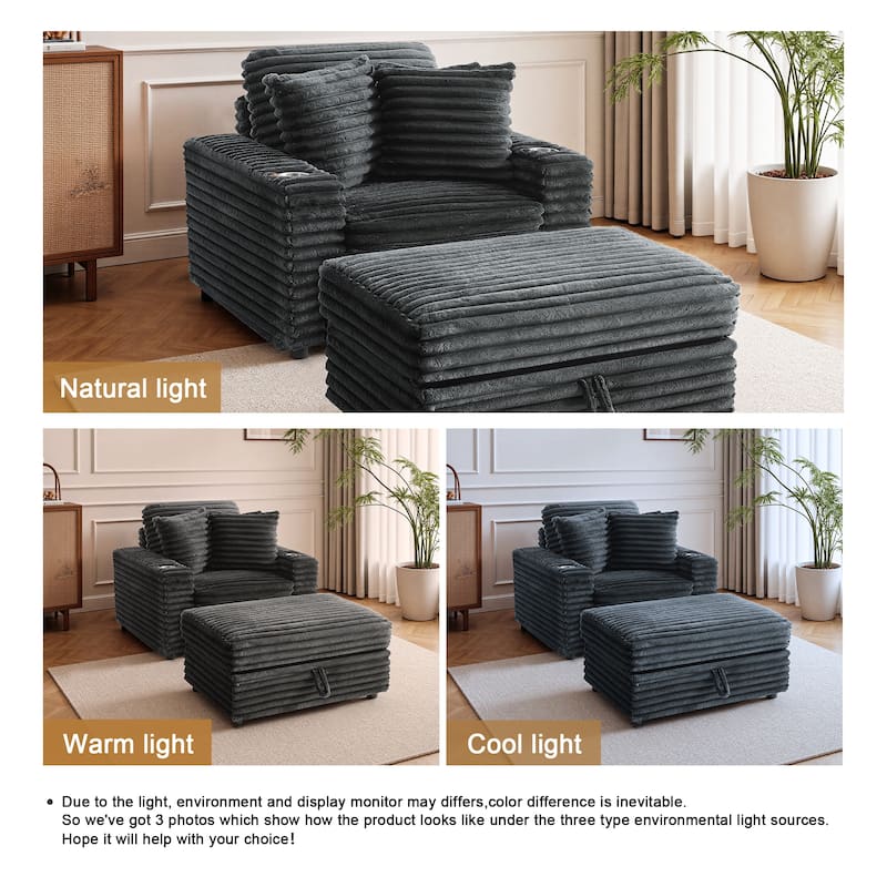37" W Upholstered Chaise Lounge Accent Chair with Storage Ottoman