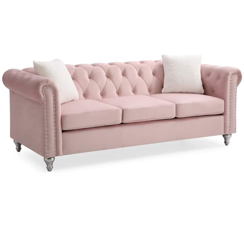 Tufted Faux Jewel Velvet 3-Seater Sofa with Throw Pillows - 83" - Pink