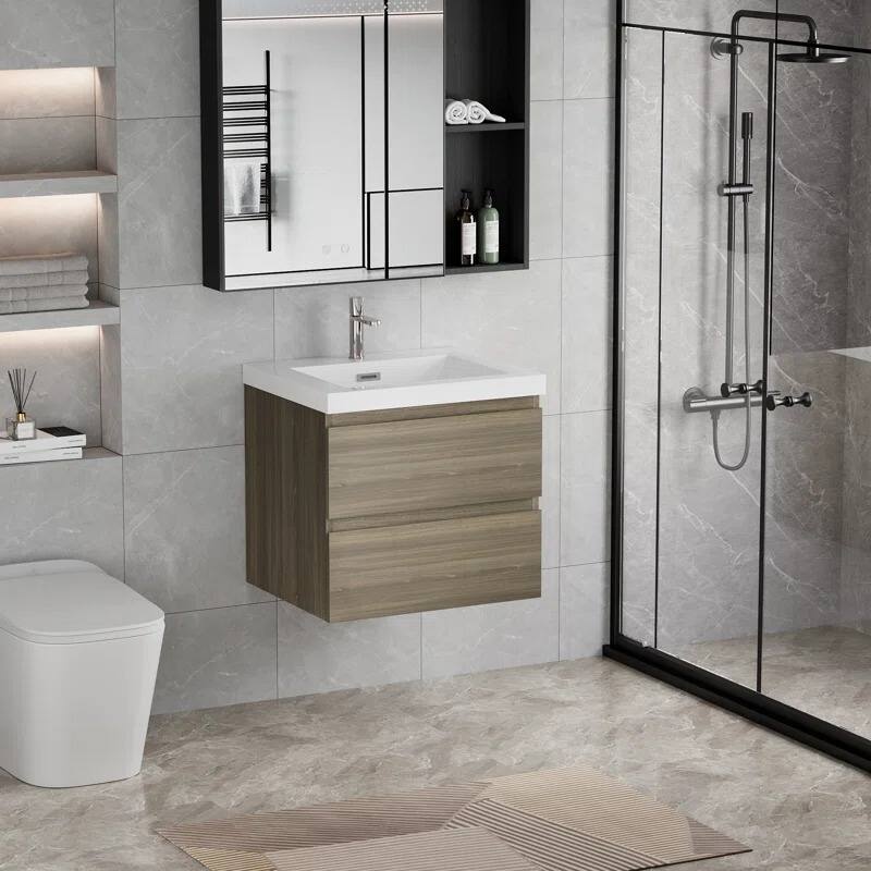 ABRUZZO 24" Floating Single Bathroom Vanity Wall-Mounted with Integrated Resin Top Basin 2 Soft Close Drawers Full Assembly