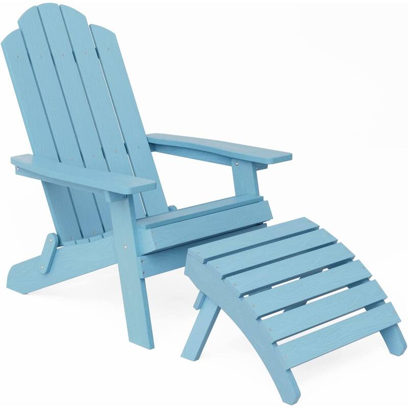 WINSOON 2-Piece All Weather HIPS Outdoor Folding Adirondack Chair with Ottoman - Blue