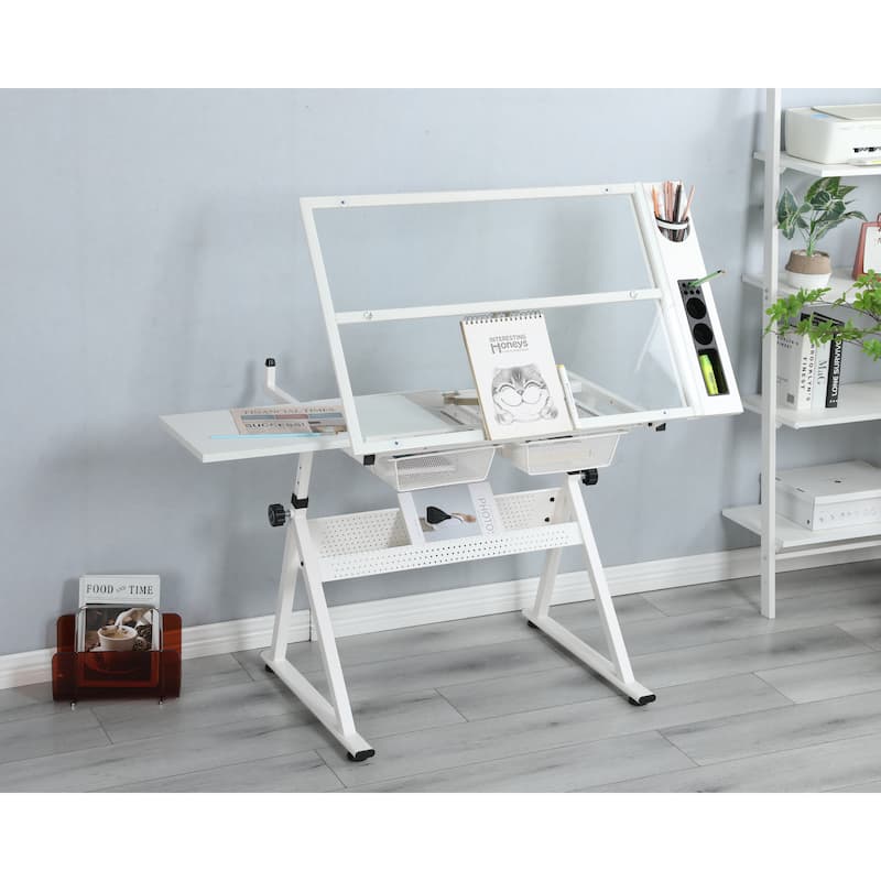Adjustable Drafting Drawing Table Student Desks Writing Desks Art Desk Drafting Desk Hutch Desk with Stool and 3 Drawers