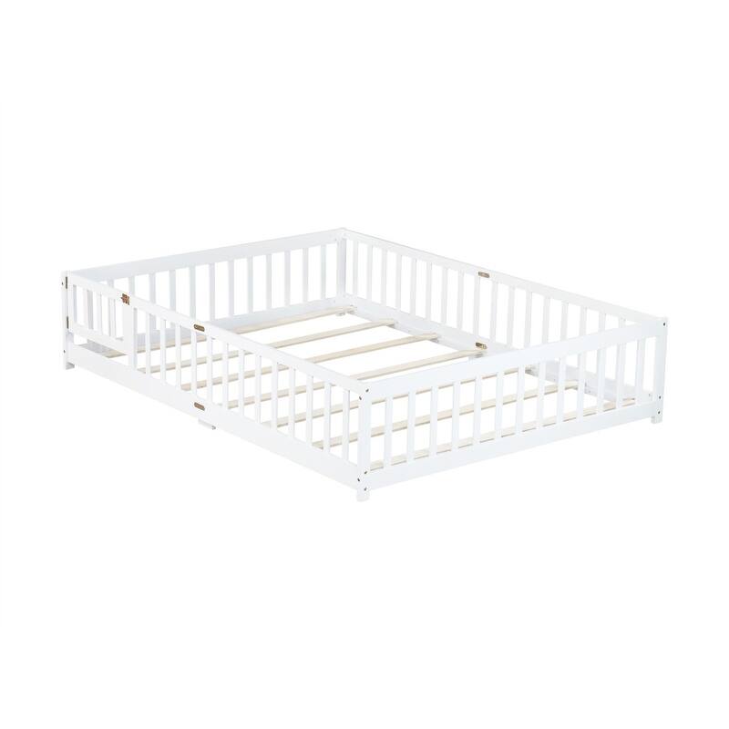 Twin/Full/Queen Size Floor Bed with Fence Guardrails and Door, Rubber Wood Toddler Bed Montessori Bed with Slats Support