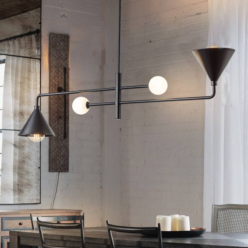 4-Light Modern Trumpet Iron Cone Shade Linear Chandelier Globe Glass Kitchen Island Light - W 51.6" - Black
