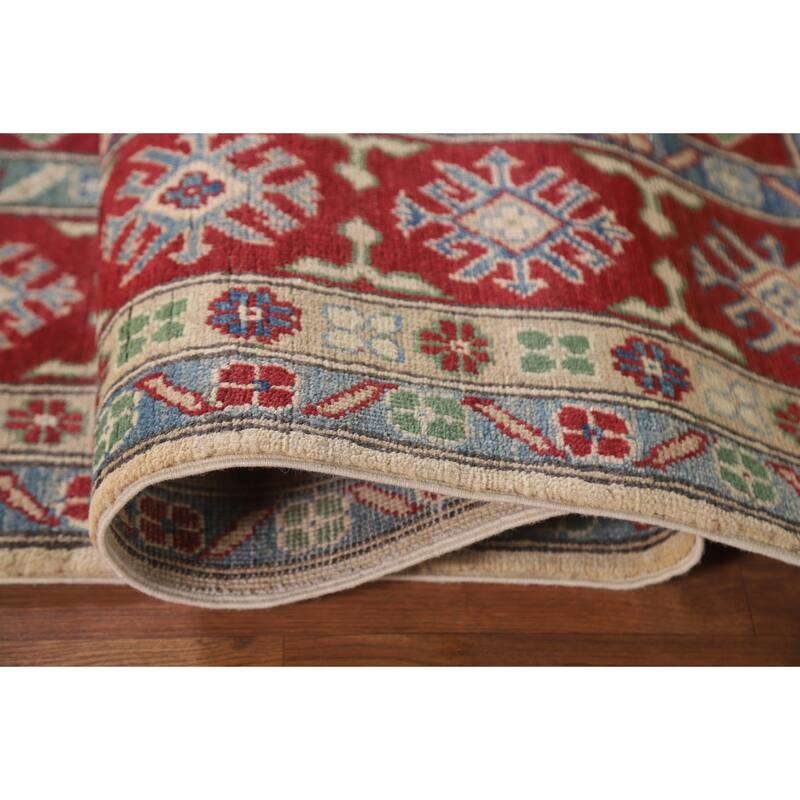 Hand Knotted Oriental 100% Wool Carpet Traditional Geometric Beige & Ivories Kazak Area Rug - 9' 9'' X 6' 7''