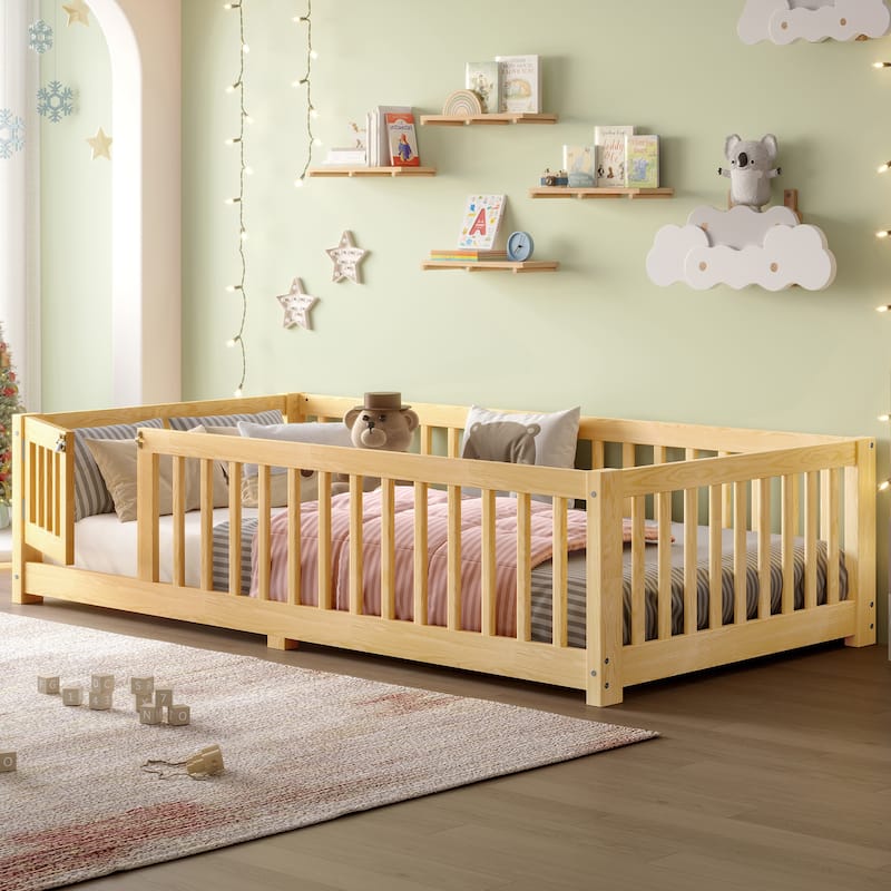 Natural Twin Size Bed Floor Bed w/ Safety Guardrails & Door for Kids