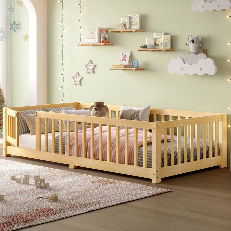Roomfitters Twin Floor Bed with Safety Fence, Solid Wood Sleeping Frame with Opening Door and Guardrails, Natural