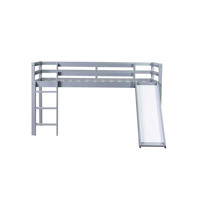 Twin Low Loft Bed with Slide, Ladder, and Storage Space, Rubber Wood Construction with High Guardrails for Safety