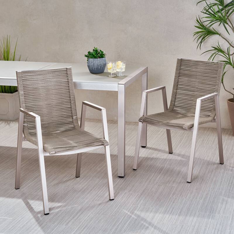 2 Piece Outdoor Modern Aluminum Dining Chair Set with Rope Seat for Patio, Balcony, Backyard